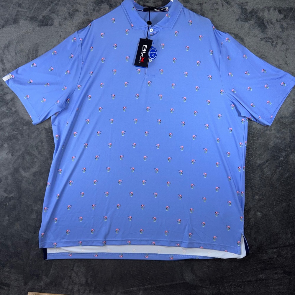 NWT Mens XXL RLX Ralph Lauren Golf Polo Blue Flamingo Fishing Wicking Shirt